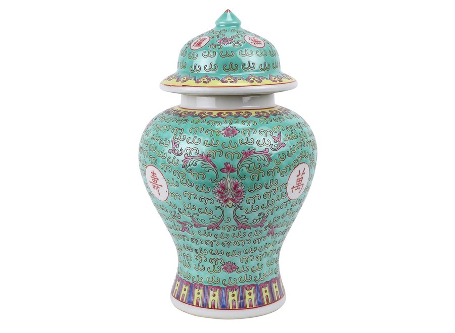 Pot à Gingembre Chinois Porcelaine Verte Wan Shou Wu Jiang Longévité D20xH35cm