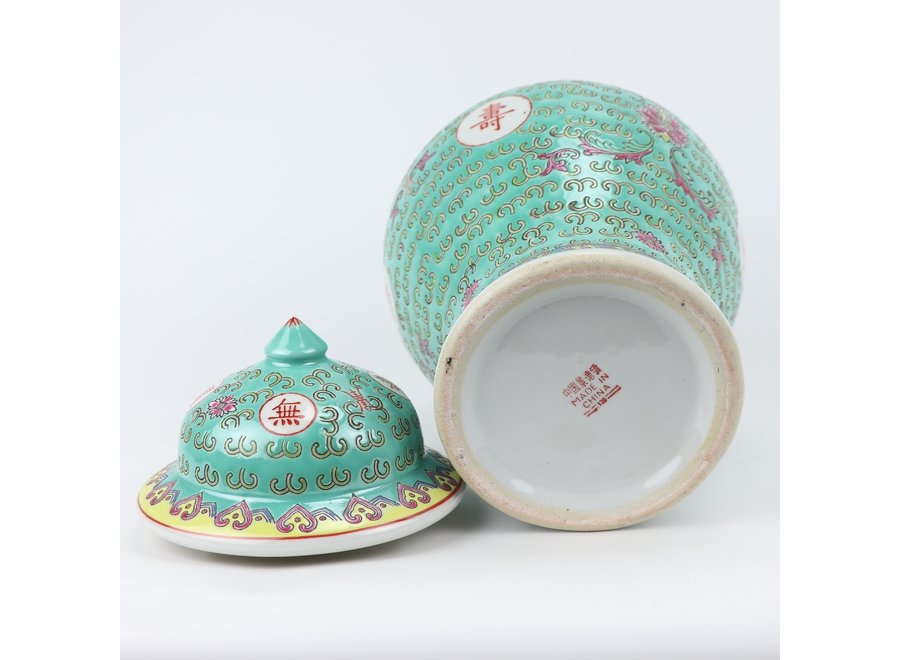 Chinesische Vase mit Deckel Grünes Porzellan Wan Shou Wu Jiang Langlebigkeit D20xH35cm