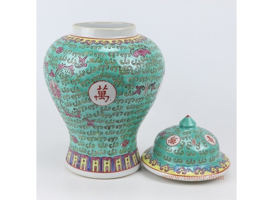 Chinesische Vase mit Deckel Grünes Porzellan Wan Shou Wu Jiang Langlebigkeit D20xH35cm