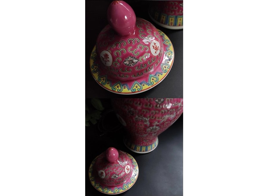 Tarro de Jengibre Chino Porcelana Rosa Wan Shou Wu Jiang Longevidad D20xH35cm