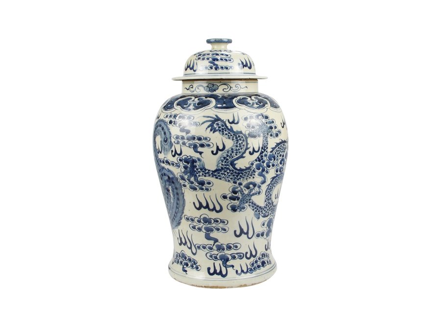 Pot à Gingembre Chinois Bleu Blanc Porcelaine Peint À La Main Dragon Phénix D27xH47cm