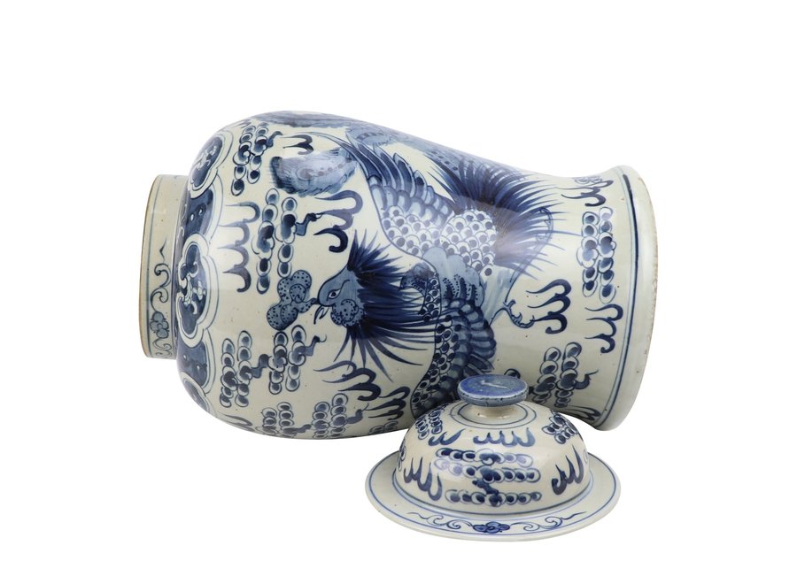Ginger Jar Cinese Porcellana Blu Bianco Dipinto a Mano Dragon Phoenix D27xH47cm