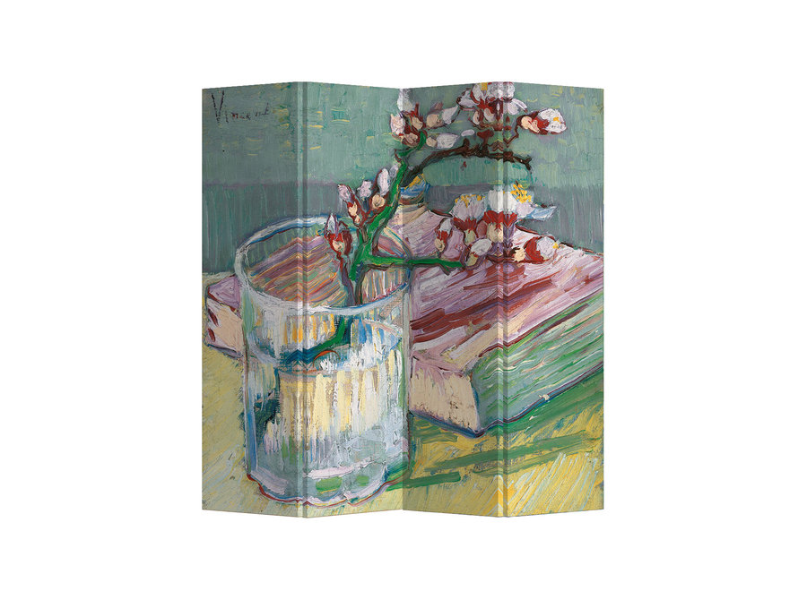 Paravent Interieur L160xH180cm Cloison Amovible Van Gogh Branche d'Amandier en Fleurs dans un Verre avec un Livre 4 Panneaux