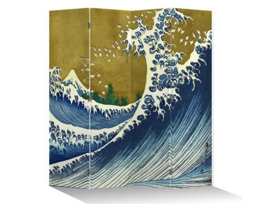 Fine Asianliving Japanese Oriental Room Divider Folding Privacy Screen 4 Panel Kanagawa Nami Gold L160xH180cm