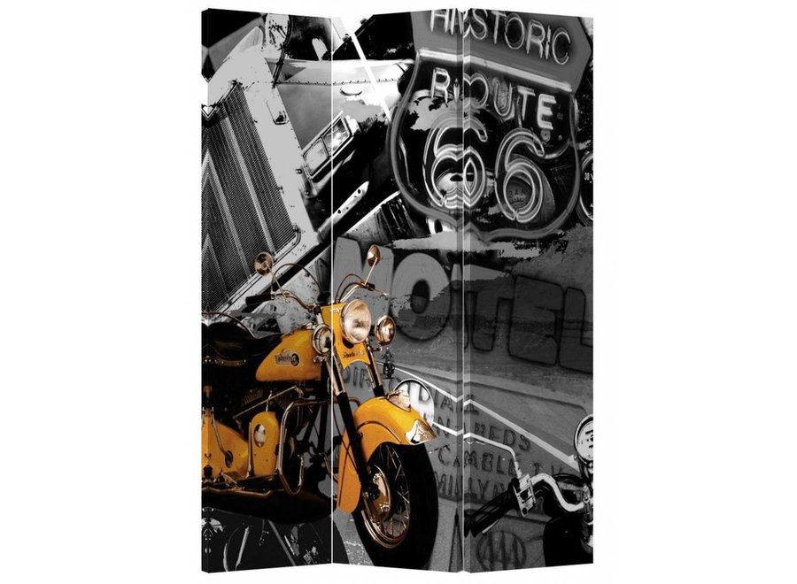 Room Divider Privacy Screen 3 Panel Retro Route 66 and Yellow Motorbike L120xH180cm