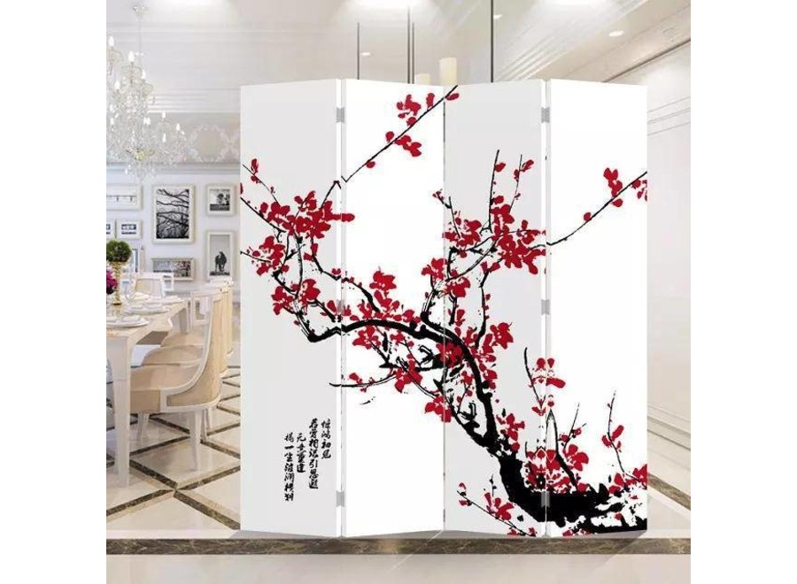 Chinesische Paravent Raumteiler B160xH180cm 4-teilig Rote Blüten