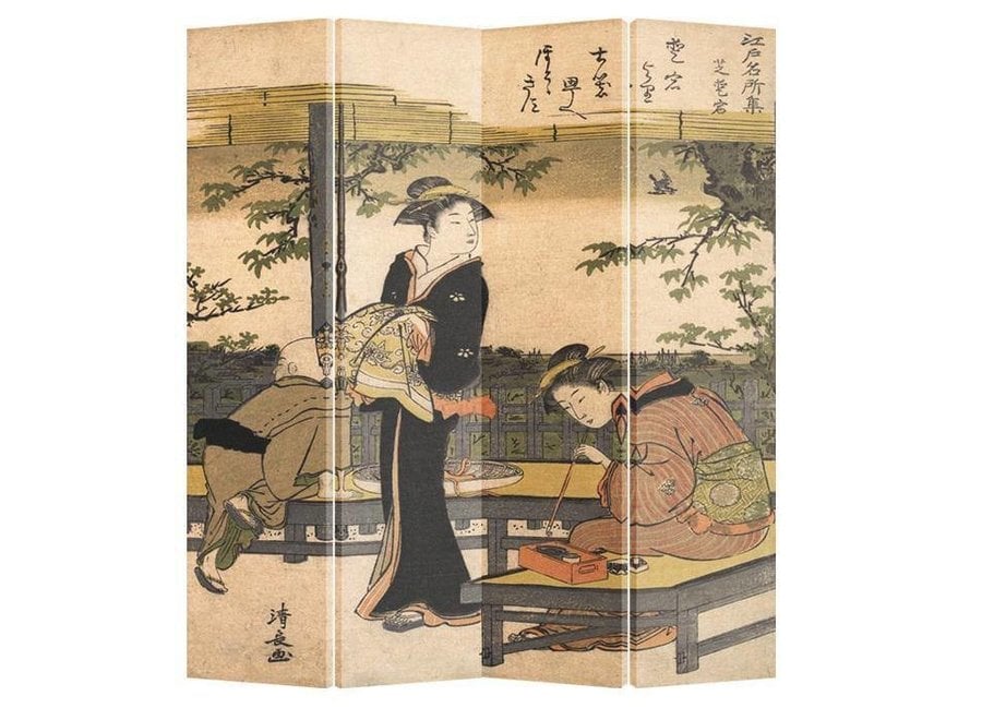 Fine Asianliving Japanese Oriental Room Divider Folding Privacy Screen 4 Panels W160xH180cm Kimono Calligraphy Kiyonaga
