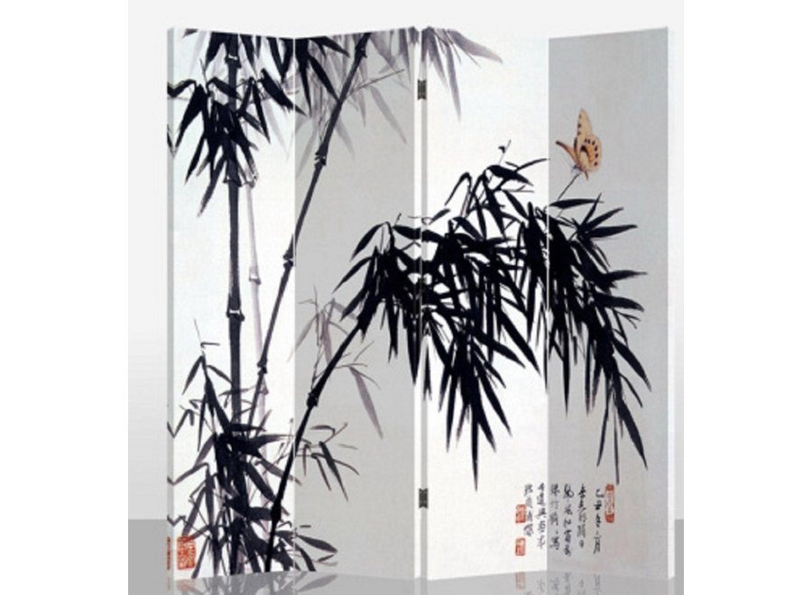 Fine Asianliving Paravent Chinois en Toile 4 Panneaux Bambou L160xH180cm