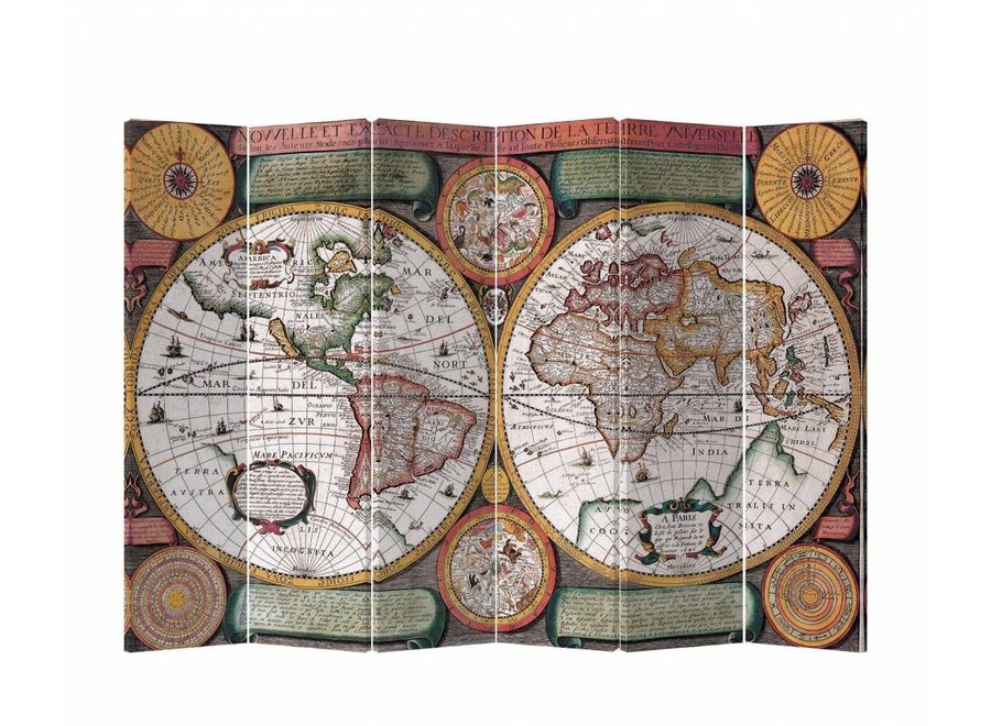 Room Divider Privacy Screen 6 Panel Vintage World Map L240xH180cm