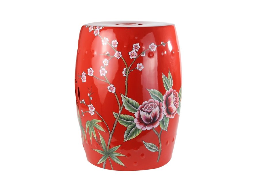 Sgabello in Ceramica Cinese Pavone Rosso Fatto a Mano D33xA46cm