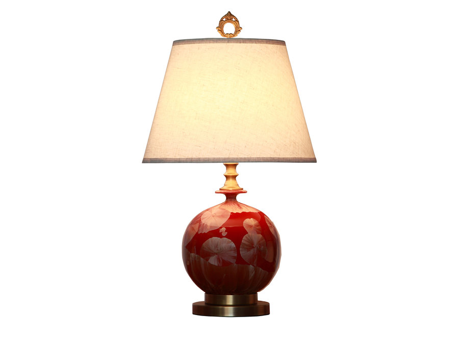 Chinesische Tischlampe Porzellan mit Schirm Rot Gold Ginkgo-Blätter Handgefertigt D21xH60cm