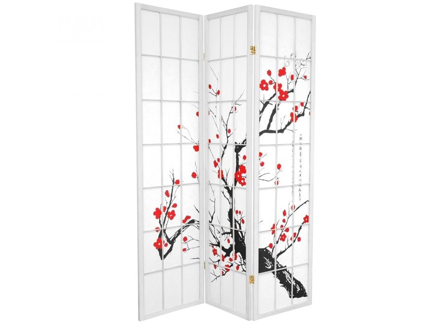 Paravent Japonais L135xH180cm 3 Panneaux Shoji Cerisier en Fleurs Blanc