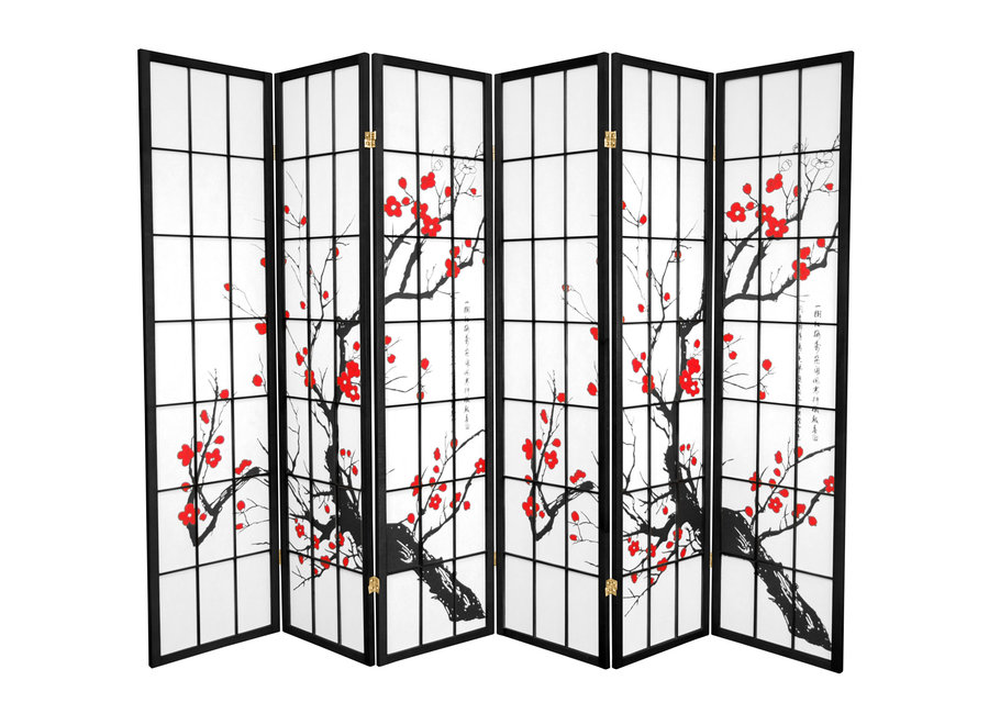 Biombo Japonés Shoji A270xA180cm 6 Paneles Papel de Arroz Negro - Flores de Cerezo Separador