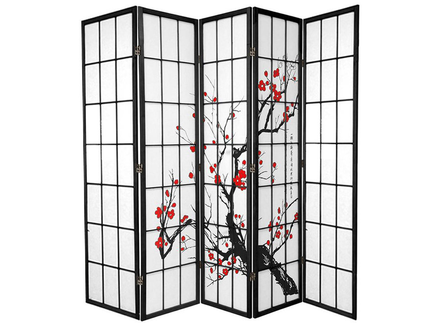 Japanese Room Divider Shoji W225xH180cm Rice-paper Black - Sakura Cherry Blossoms