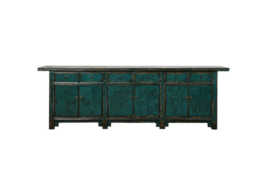 Buffet Chinois Ancien Bleu Canard Peint à la Main L263xP46xH89cm