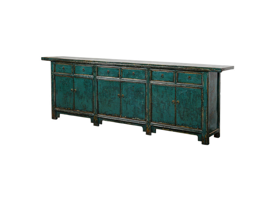 Buffet Chinois Ancien Bleu Canard Peint à la Main L263xP46xH89cm