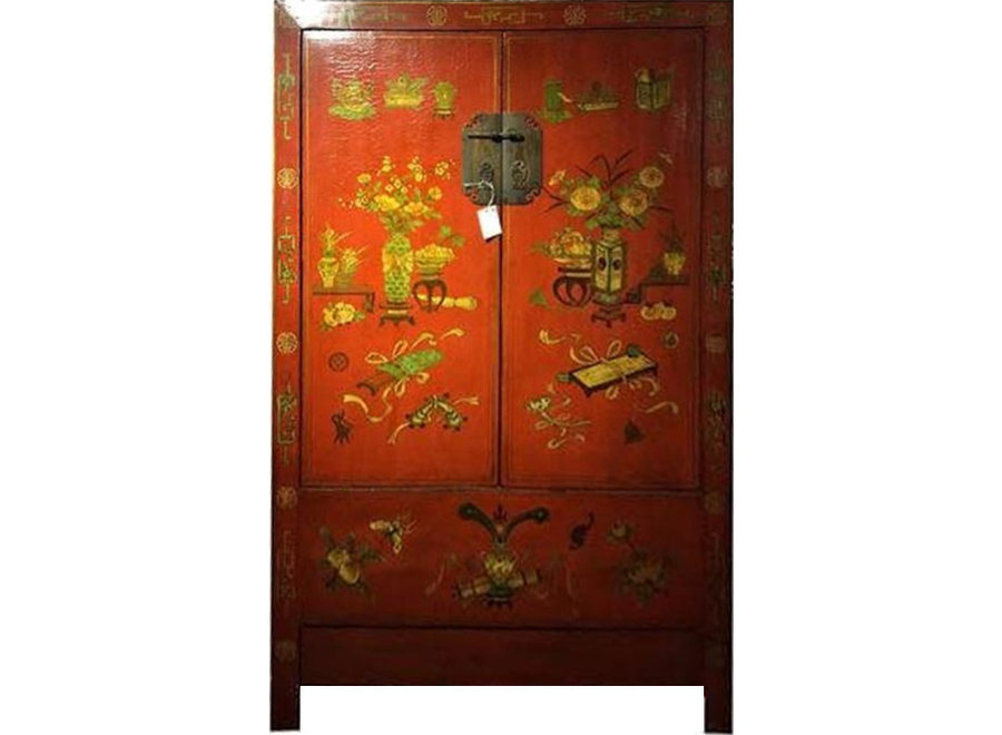 Armoire de Marriage Chinoise Antique Peinte à la Main Rouge 20ème Siècle L114xP51xH183cm