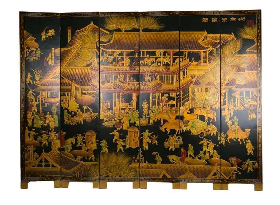 Paravent Chinesische Trennwand Handgefertigd Golden Village B240xH182cm