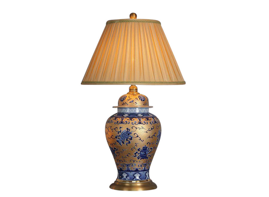 Lampada da Tavolo Cinese in Porcellana Oro con Blu