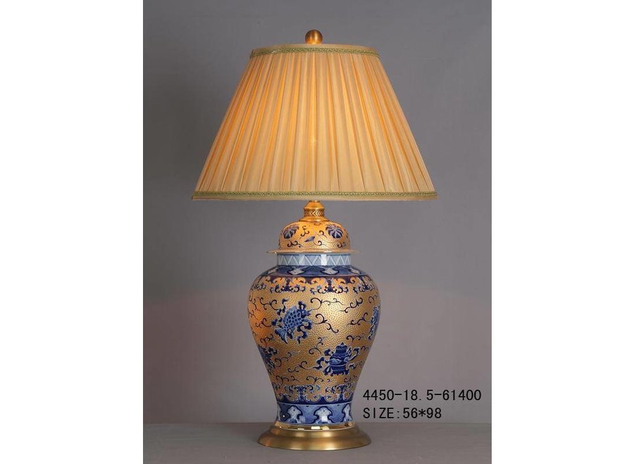 Lampada da Tavolo Cinese in Porcellana Oro con Blu