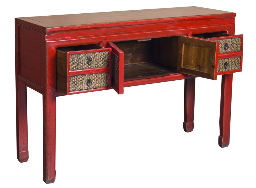 Fine Asianliving Antique Chinese Console Table Red Bamboo Webbing W127xD42xH86cm