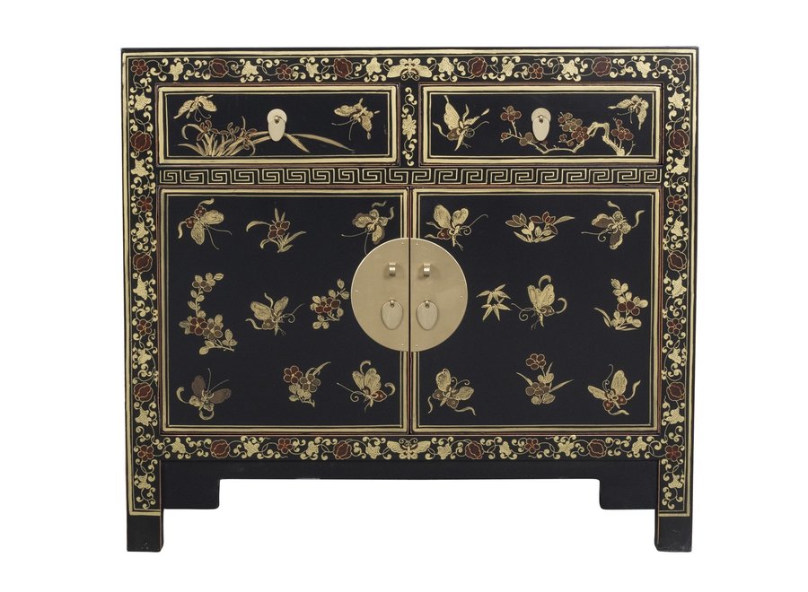 Chinese Sideboard Hand-painted Butterflies Onyx Black W90xD40xH80cm