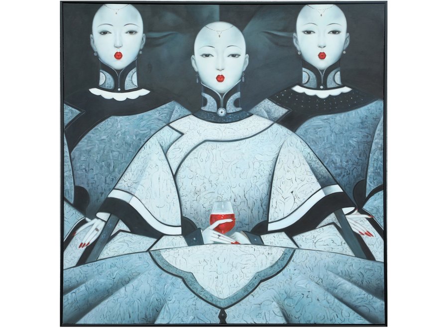 Oil Painting 100% Handpainted 3D Relief Effect Black Frame W100xH100cm Chinese Woman with Red Lips