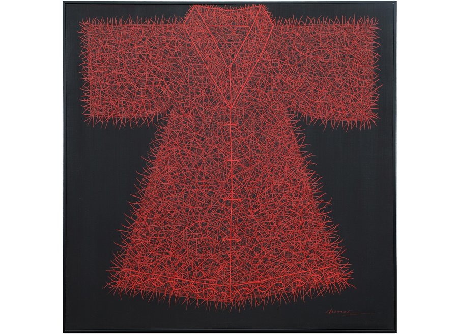 Ölgemälde 100%  Handgeschnitzt 3D Texture Rahmen Schwarz 100x100cm Kimono Rot
