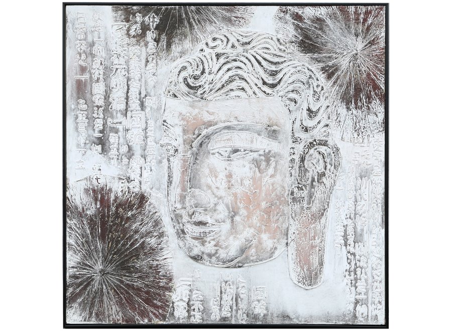 Pittura Ad Olio Dipinto a Mano 3D in Rilievo Cornice Nero 100x100cm Buddha a Sinistra