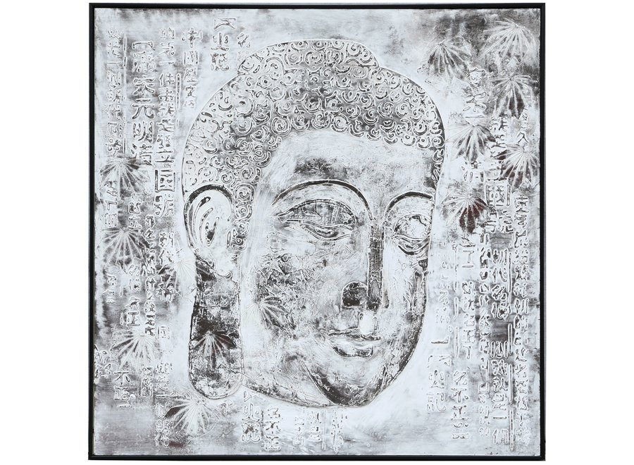 Pittura Ad Olio Dipinto a Mano 3D in Rilievo Cornice Nero 100x100cm Buddha Destra