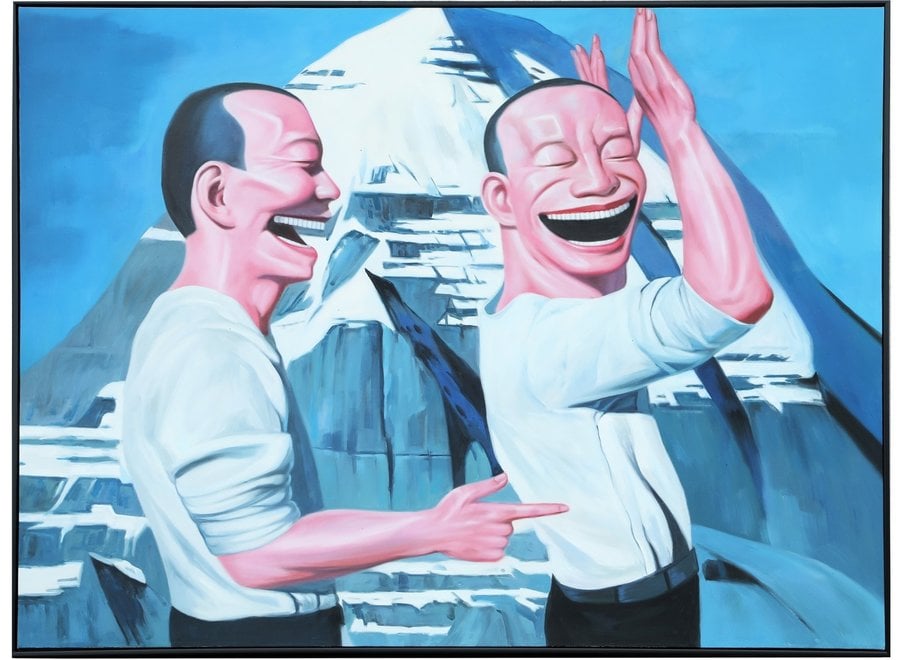 Fine Asianliving Oil Painting 100% Handpainted 3D Relief Effect Black Frame 90x120cm Yue Min Jun Reproduction Two Laughing Men