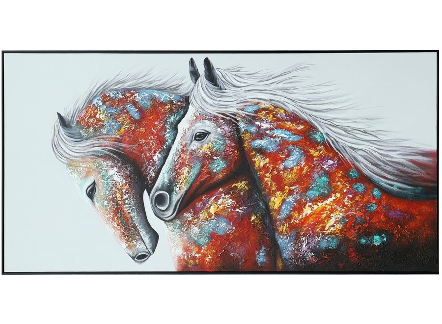 Pintura Al Óleo Cuadro Pintado a Mano 3D Efecto Relieve Marco Negro 80x160cm Dos Caballos