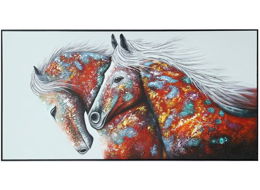 Pittura Ad Olio Dipinto a Mano 3D in Rilievo Cornice Nero 80x160cm Due Cavalli