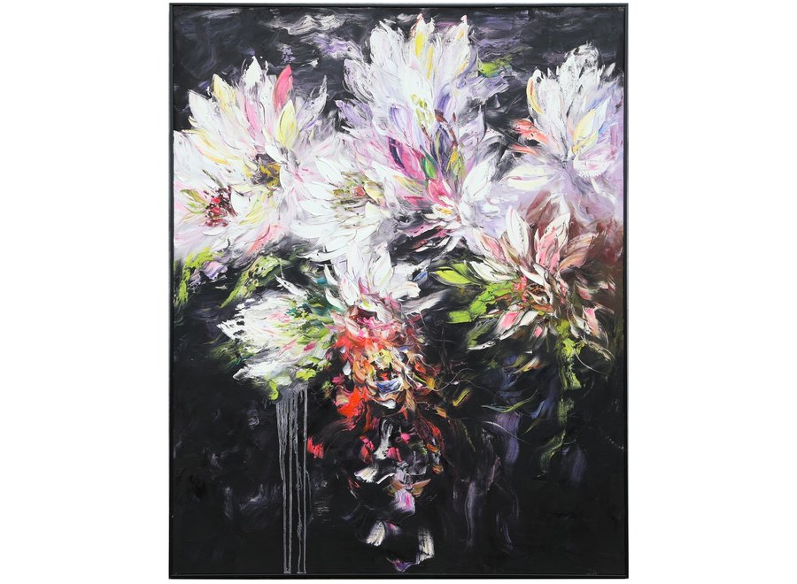 Pittura Ad Olio Dipinto a Mano 3D in Rilievo Cornice Nero 120x150cm Fiori Bianchi