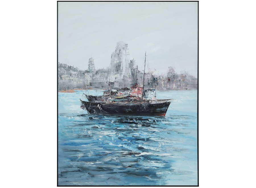 Pittura Ad Olio Dipinto a Mano 3D in Rilievo Cornice Nero 120x160cm Barca