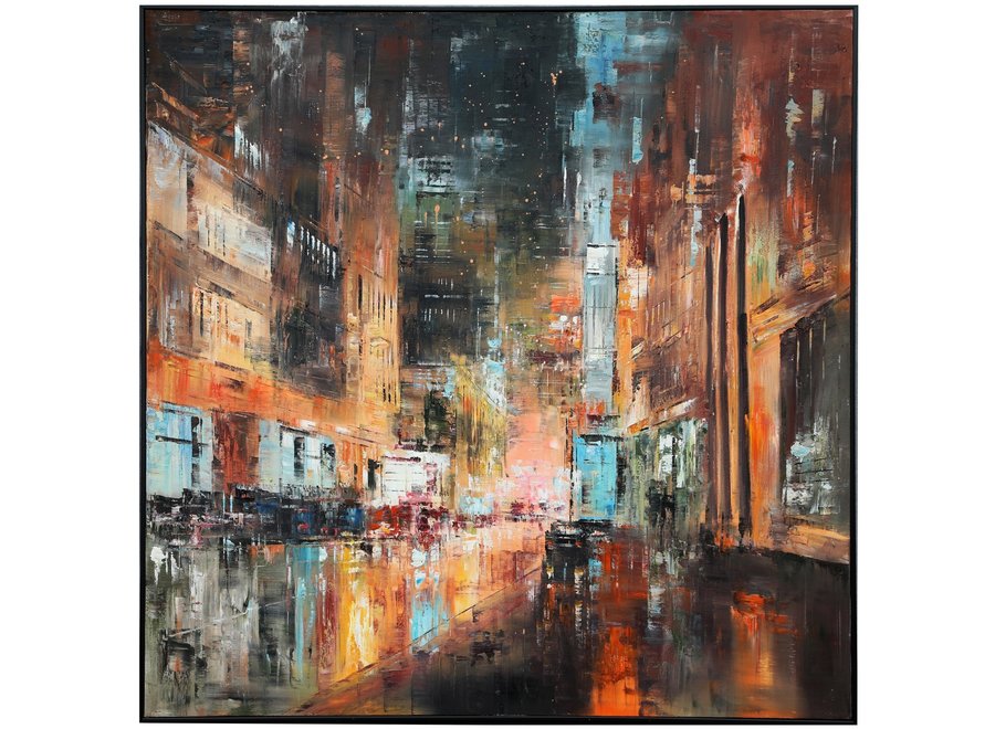 Pittura Ad Olio Dipinto a Mano 3D in Rilievo Cornice Nero 120x120cm Città Arancione