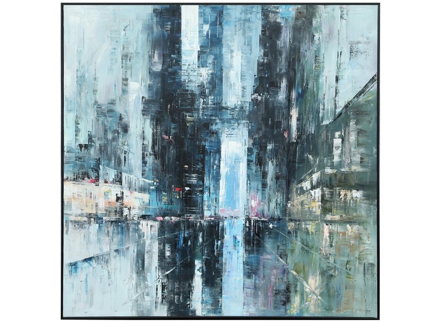 Oil Painting 100% Handpainted 3D Relief Effect Black Frame 120x120cm City Blue