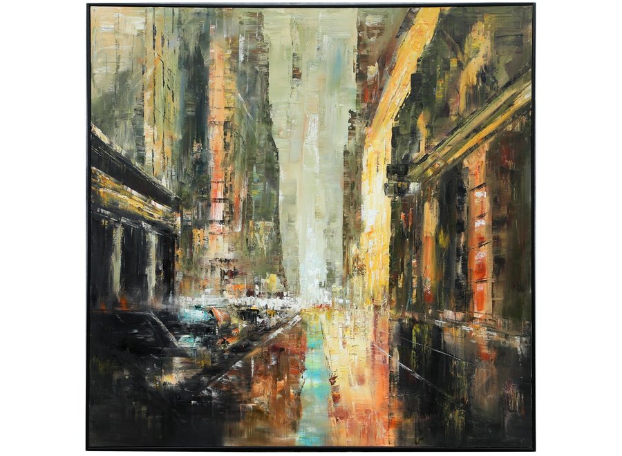 Pittura Ad Olio Dipinto a Mano 3D in Rilievo Cornice Nero 120x120cm Vecchia Città