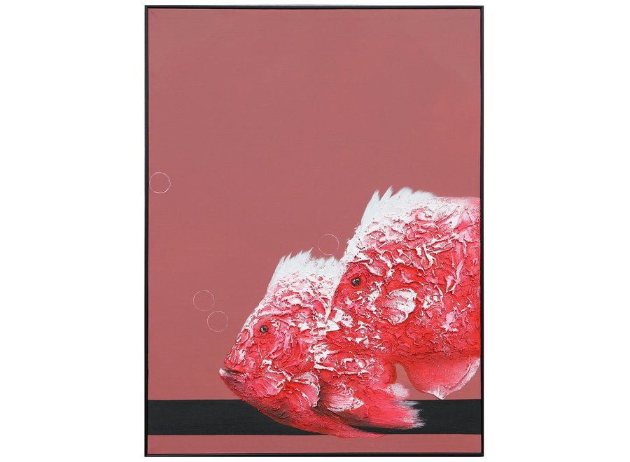 Pintura Al Óleo Cuadro Pintado a Mano 3D Efecto Relieve Marco Negro 90x120cm Peces Rojas