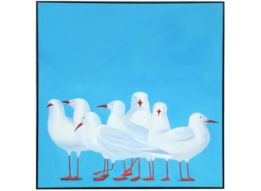 Peinture á l'Huile 100% Peint á La Main 3D Effect Relief Cadre Noir 100x100cm Mouettes