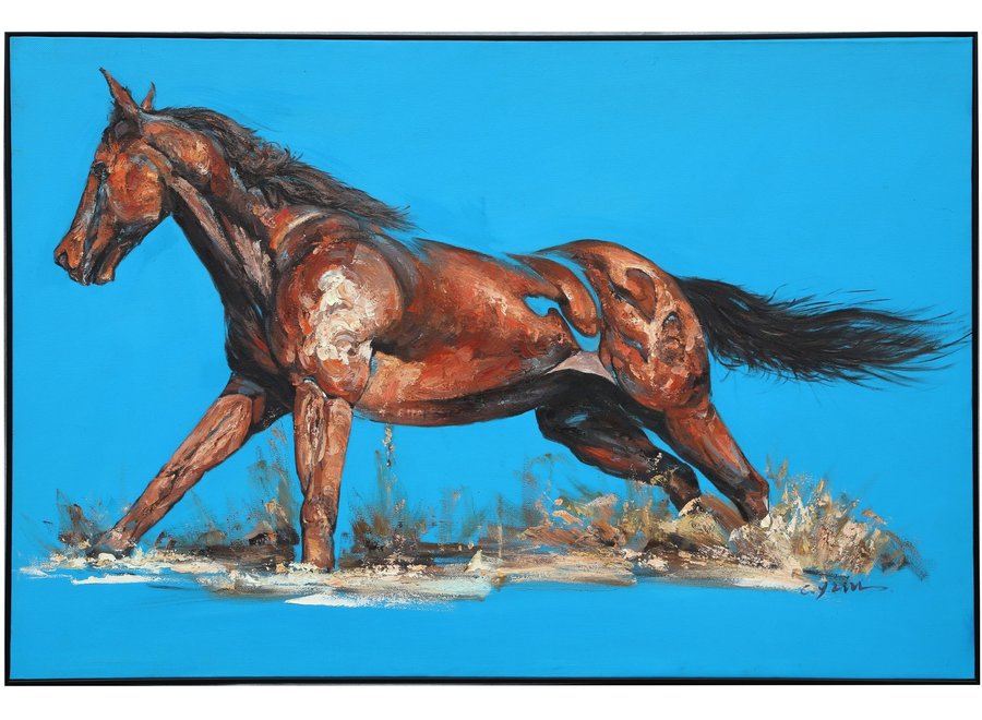 Peinture á l'Huile 100% Peint á La Main 3D Effect Relief Cadre Noir 100x150cm Cheval Bleu