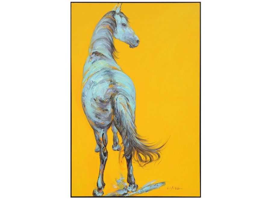 Pittura Ad Olio Dipinto a Mano 3D in Rilievo Cornice Nero 100x150cm Giallo Cavallo