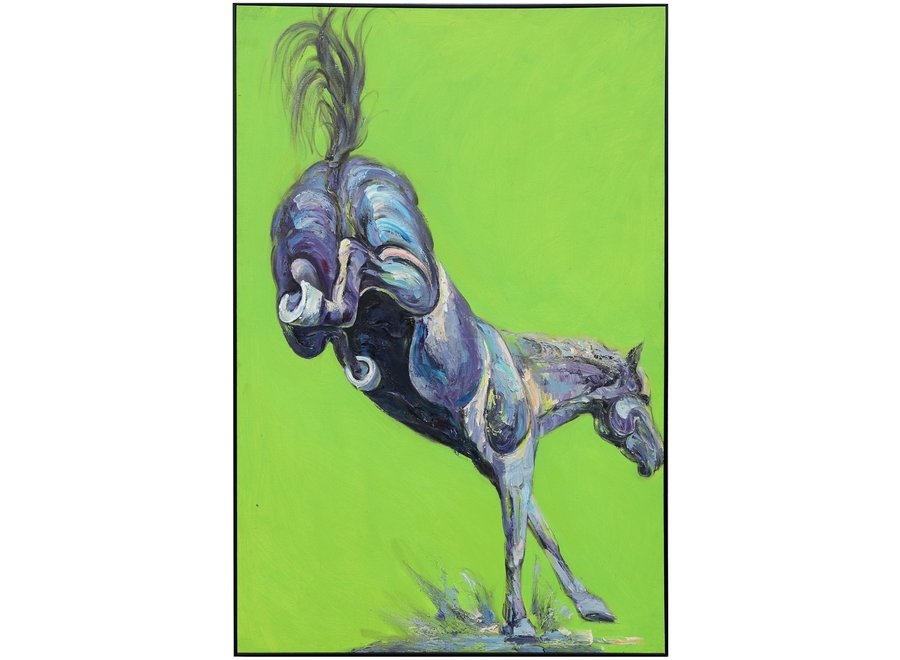 Pintura Al Óleo Cuadro Pintado a Mano 3D Efecto Relieve Marco Negro 100x150cm Caballo Verde