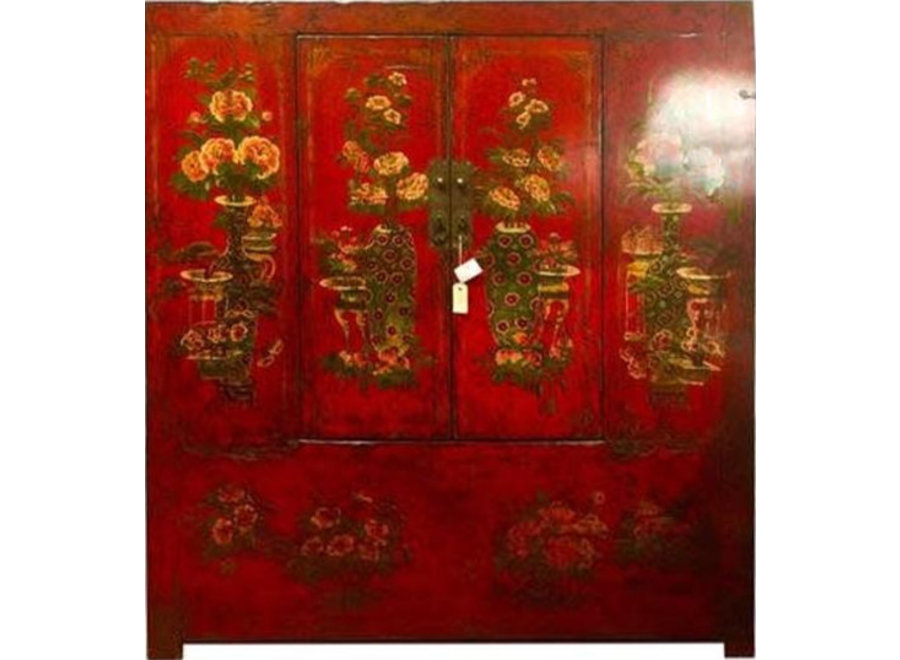 Fine Asianliving Armadio Cinese Tibetano Antico Dipinto a Mano Rosso