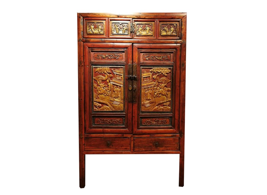 Armario Chino Antiguo Tallado a Mano en Oro Rojo A103xP50xAlt176cm