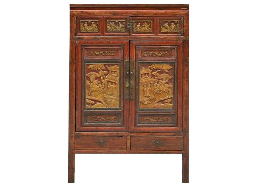 Antique Chinese Cabinet HandCarved Wood Red Gold W103xD50xH176cm