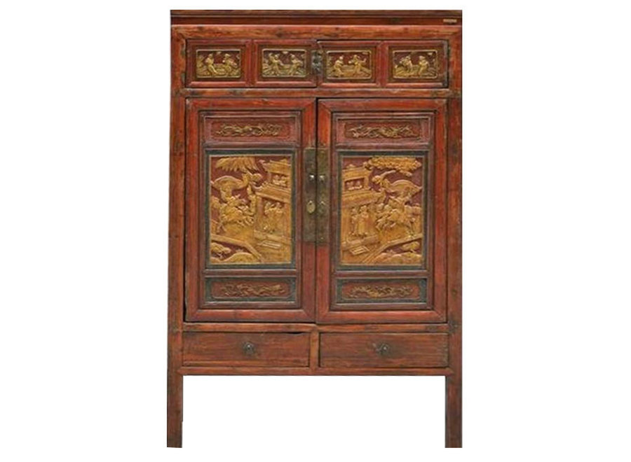 Armoire Chinoise Ancienne Sculpté à la Main Or Rouge L103xP50xH176cm