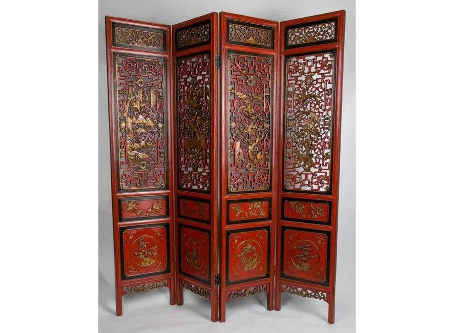 Antique Chinese Room Divider 20th Century Hand-carved 4 Panel Red-Gold W164xH194cm