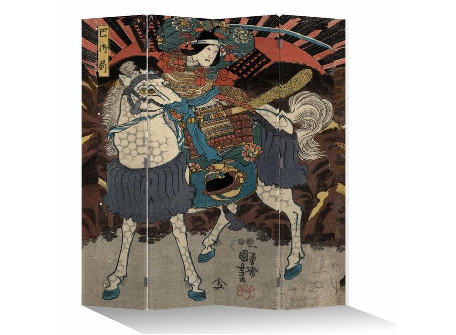 Fine Asianliving Japanese Oriental Room Divider Folding Privacy Screen 4 Panel Japanese Samurai on Horse L160xH180cm