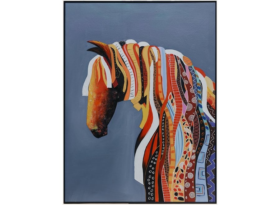 Pintura Al Óleo Cuadro Pintado a Mano 3D Efecto Relieve Marco Negro 90x120cm Caballo Gris